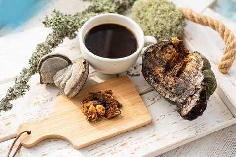 coffee next to mushrooms